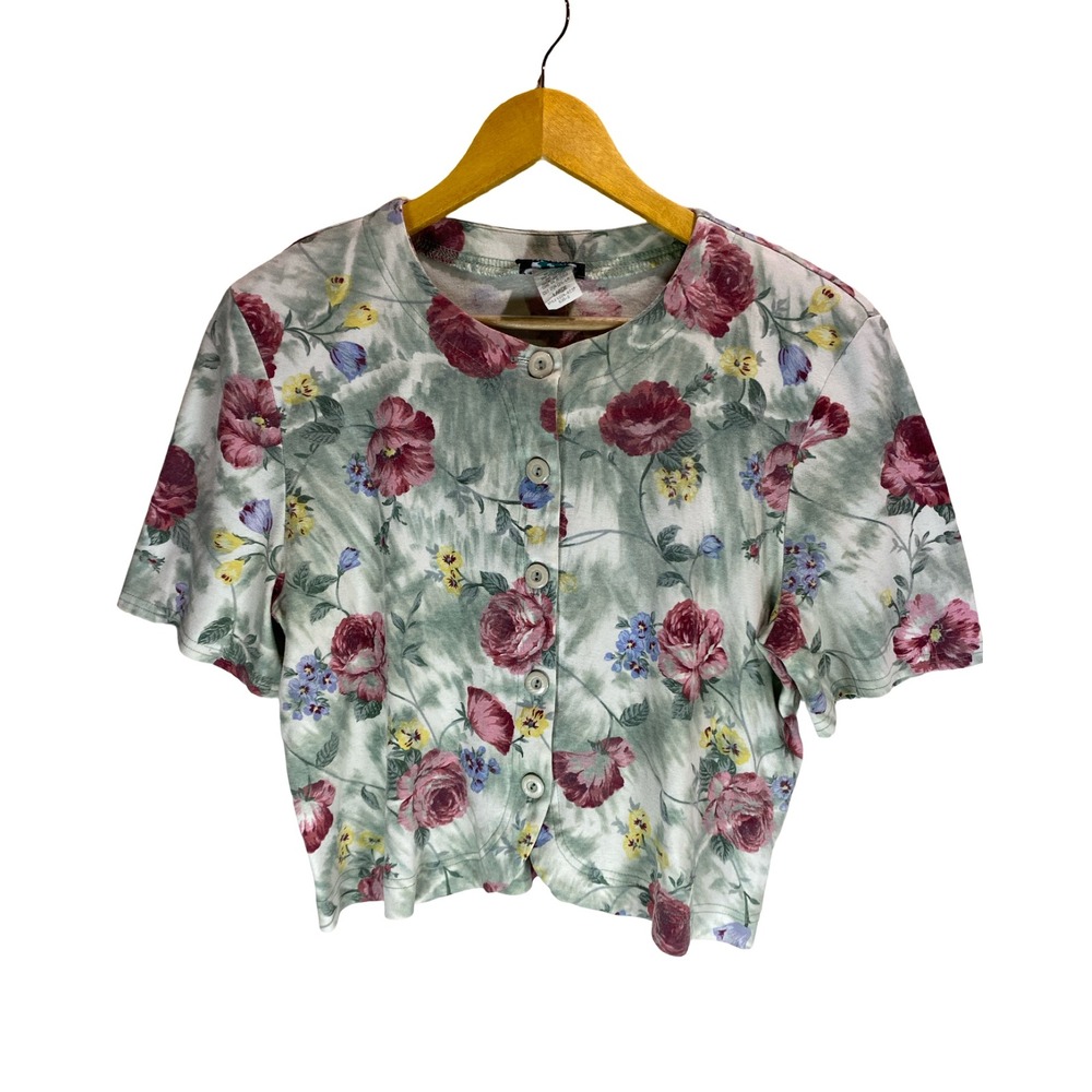 Fritzi California Vintage Floral Button Front Short Sleeve Top Sage Green Large‎